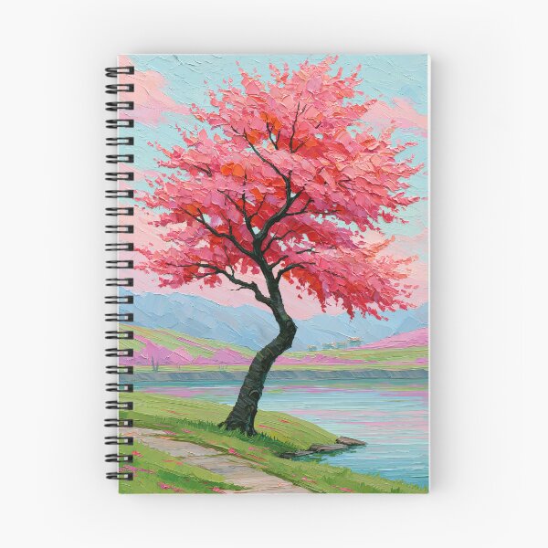 Item preview, Vibrant Pink Blossom Tree by the Lake - Impasto Style designed and sold by SlowRegardArt.