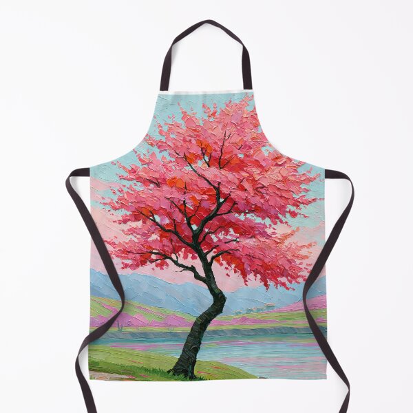 Item preview, Vibrant Pink Blossom Tree by the Lake - Impasto Style designed and sold by SlowRegardArt.