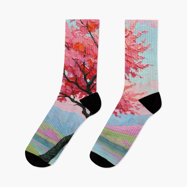 Item preview, Vibrant Pink Blossom Tree by the Lake - Impasto Style designed and sold by SlowRegardArt.
