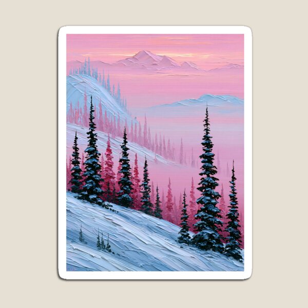 Item preview, Pink Winter Sunset in the Snowy Mountains - Impasto Style designed and sold by SlowRegardArt.