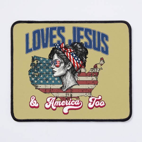 Item preview, Loves Jesus and America Too — Messy Bun Girl USA Flag map Patriotic 4th of July designed and sold by Youngkev-arts.