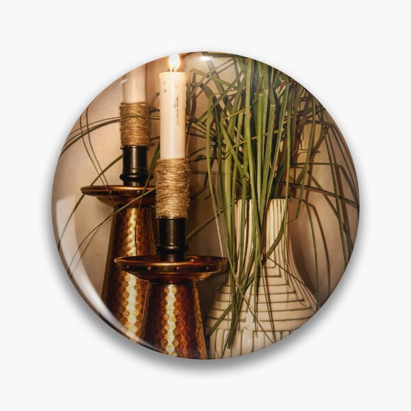 Item preview, Warm Glow Still Life – Copper Candlesticks & Greenery Art Print designed and sold by Upscale7.