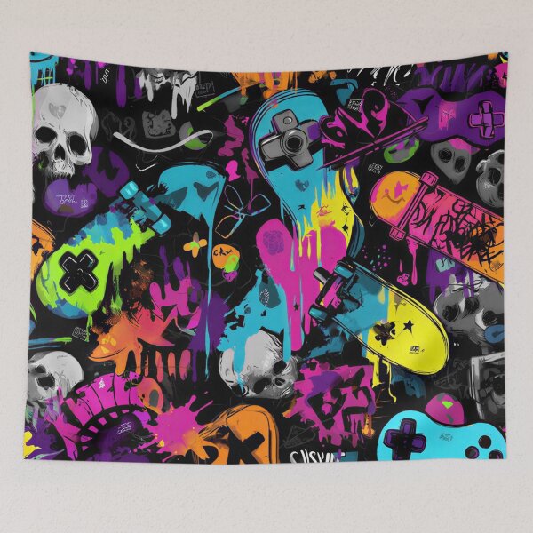 Item preview, colorful skull and skateboard graffiti art designed and sold by dcrc.