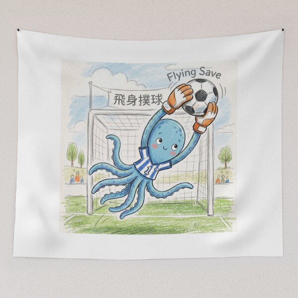 Item preview, Cute Octopus Goalkeeper Flying Save Soccer Illustration designed and sold by TaiwanMemory.