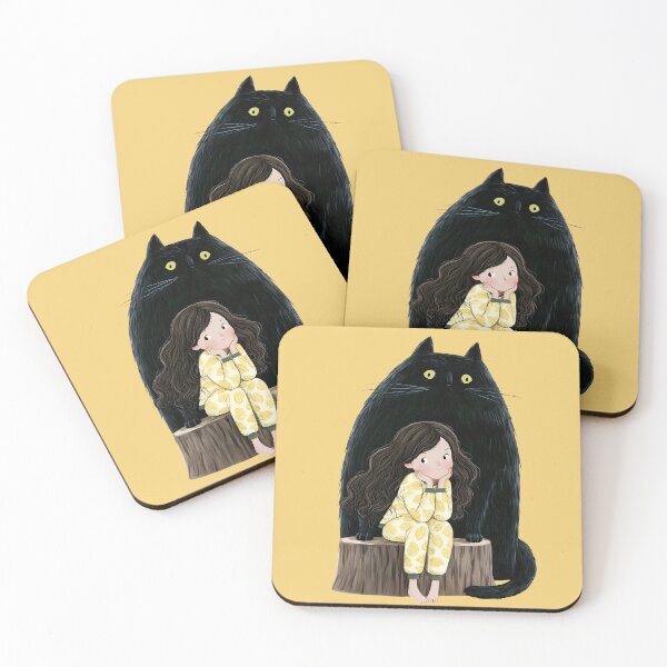 Item preview, Lemon Pajama Girl and Her Giant Black Cat Guardian  designed and sold by Whimsical Wayfarer.