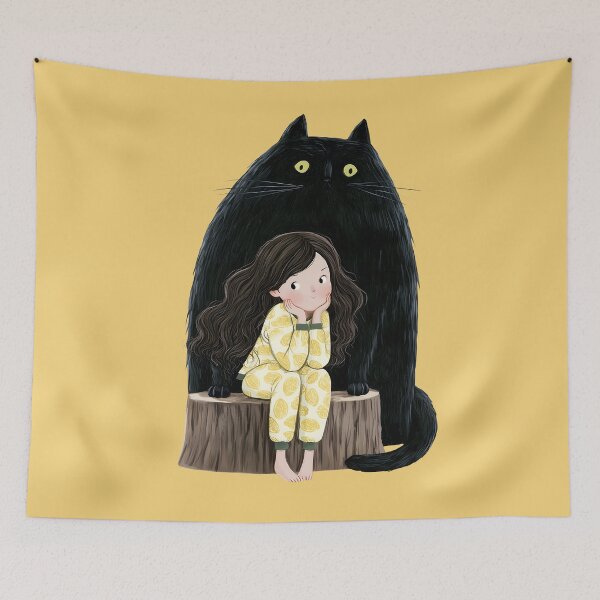 Item preview, Lemon Pajama Girl and Her Giant Black Cat Guardian  designed and sold by Whimsical Wayfarer.
