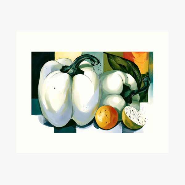 Item preview, Organic Still Life in Warm Geometry - White Bell Peppers and Citrus in a Vibrant Modern Arrangement designed and sold by OlfactoART Studio.