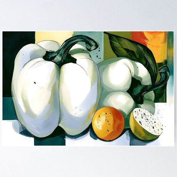 Item preview, Organic Still Life in Warm Geometry - White Bell Peppers and Citrus in a Vibrant Modern Arrangement designed and sold by OlfactoART Studio.