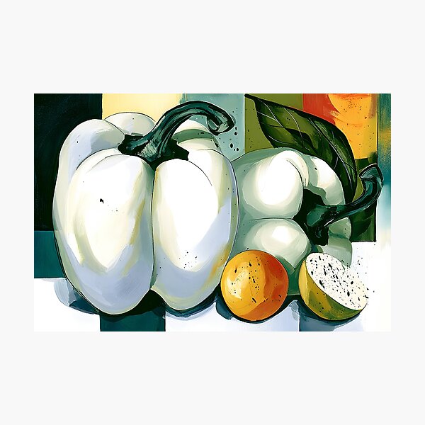Item preview, Organic Still Life in Warm Geometry - White Bell Peppers and Citrus in a Vibrant Modern Arrangement designed and sold by OlfactoART Studio.