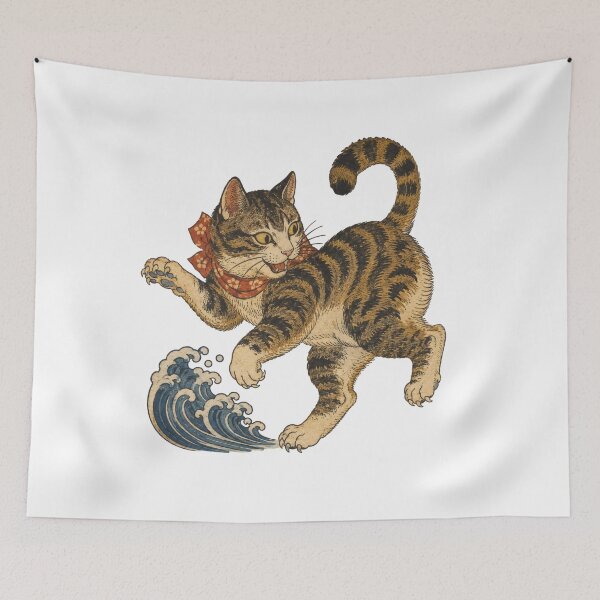 Item preview, 　Playful Tabby Cat Ukiyo-e Japanese Woodblock Print - Vintage Cat Art designed and sold by WabiSabiArts.
