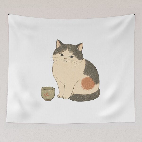 Item preview, Cozy Vintage Japanese Cat with Tea Cup - Muted Aesthetic Illustration designed and sold by WabiSabiArts.