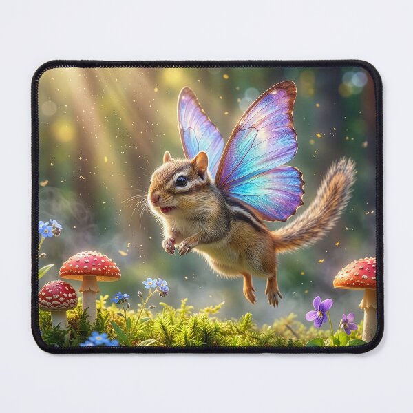 Item preview, Chipmunk Fairy Flies Between Amanita Mushrooms designed and sold by Tridentulus.