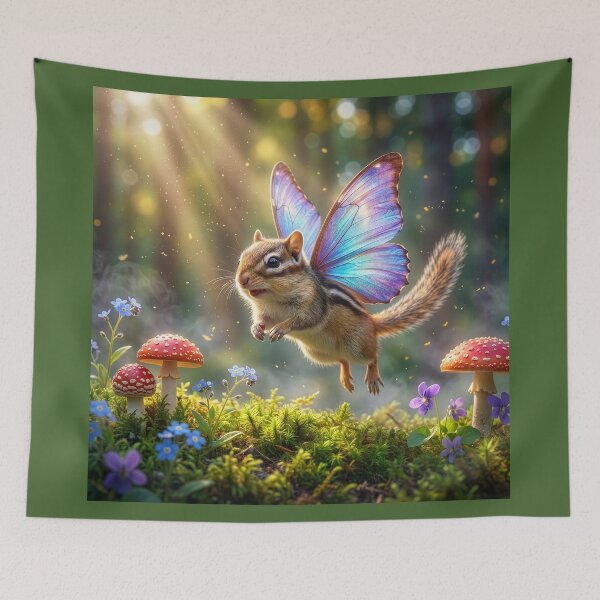 Item preview, Chipmunk Fairy Flies Between Amanita Mushrooms designed and sold by Tridentulus.