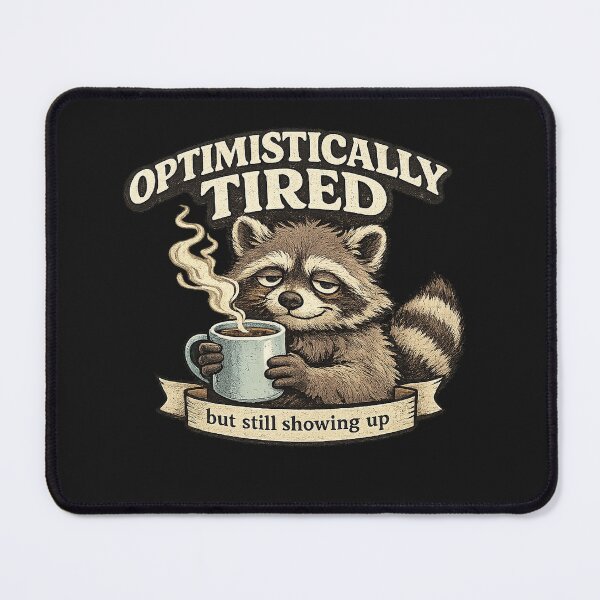 Item preview, Optimistically Tired Funny Raccoon Coffee Affirmation designed and sold by Open-Canvas.