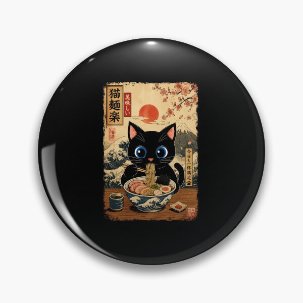 Item preview, Big Eyed Black Cat Enjoying Ramen in Vintage Japanese Style designed and sold by eliramaison.