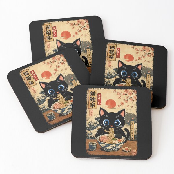 Item preview, Big Eyed Black Cat Enjoying Ramen in Vintage Japanese Style designed and sold by eliramaison.