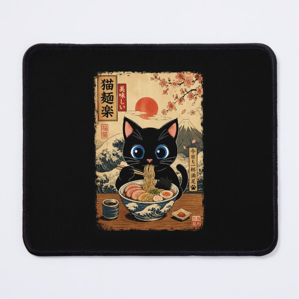 Item preview, Big Eyed Black Cat Enjoying Ramen in Vintage Japanese Style designed and sold by eliramaison.