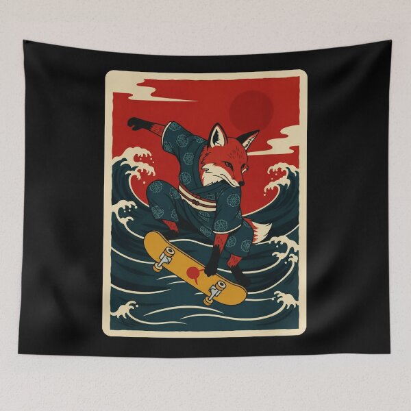 Item preview, Skateboarding Fox Riding Ocean Waves in Vintage Japanese Style designed and sold by JordynLadukeg65.