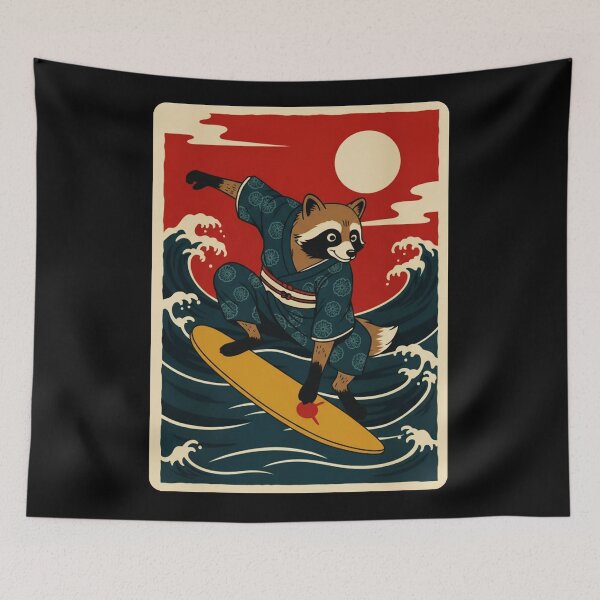 Item preview, Surfing Raccoon on Ocean Waves with Retro Japanese Poster Vibes designed and sold by JordynLadukeg65.