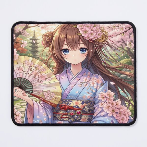 Item preview, Sakura Blossom Anime Girl Japanese Kimono Mouse Pad designed and sold by CozyHavenStudio.
