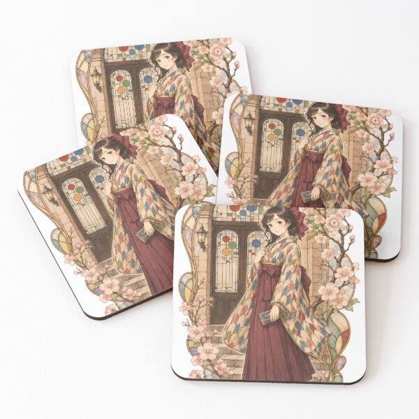 Item preview, Taisho Romance Haikara Girl with Stained Glass and Cherry Blossoms - Vintage Japanese Art designed and sold by WabiSabiArts.