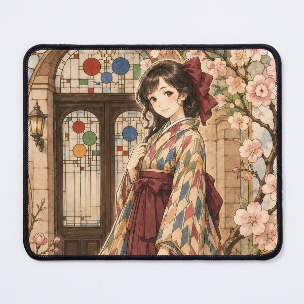 Item preview, Taisho Romance Haikara Girl with Stained Glass and Cherry Blossoms - Vintage Japanese Art designed and sold by WabiSabiArts.