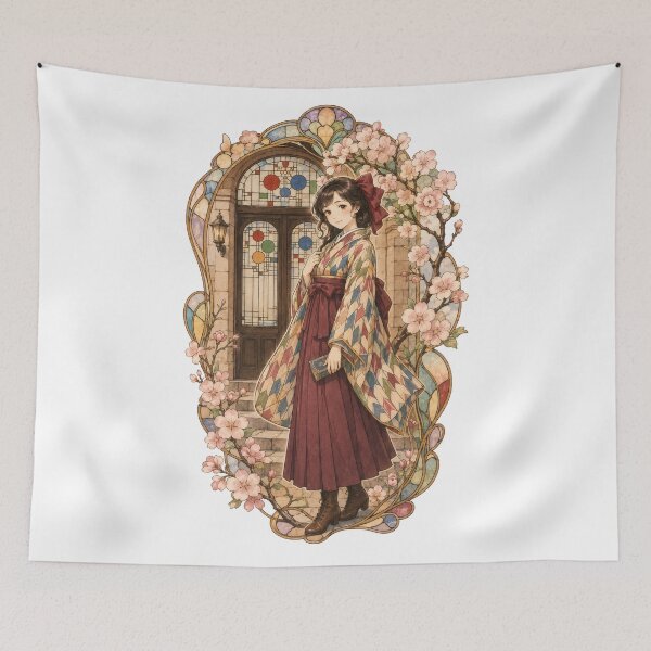 Item preview, Taisho Romance Haikara Girl with Stained Glass and Cherry Blossoms - Vintage Japanese Art designed and sold by WabiSabiArts.