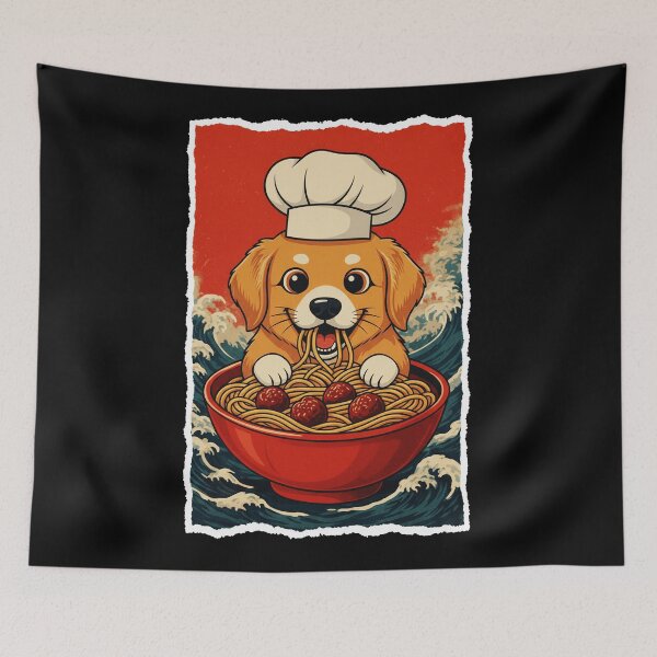 Item preview, Cute Chef Puppy Eating Spaghetti In Retro Ocean Wave designed and sold by JordynLadukeg65.