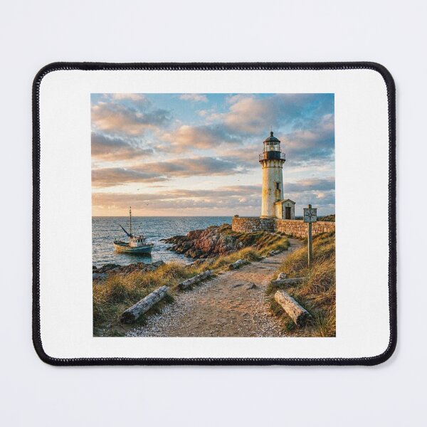 Item preview, Lighthouse at Sunset and Fishing Boat on the Coast designed and sold by FunnyfrenchDs.