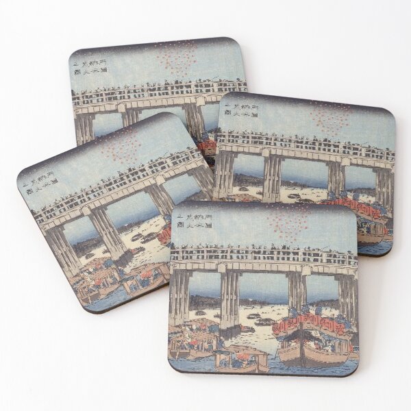 Item preview, Hiroshige: Fireworks at Ryogoku Bridge - Vintage Ukiyo-e Print designed and sold by vekotpu.