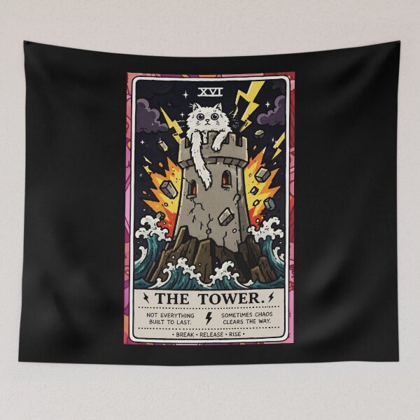 Item preview, The Tower Cat Tarot Style Chaos and Renewal Illustration designed and sold by ferminhays.