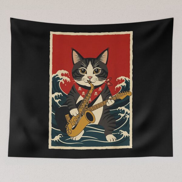 Item preview, Saxophone Cat Riding Ocean Waves Vintage Music designed and sold by JordynLadukeg65.