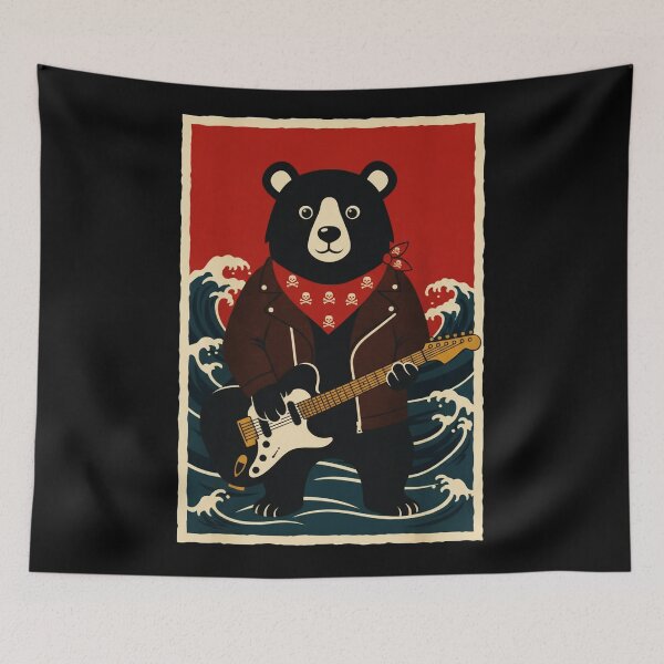 Item preview, Retro Rock Bear Playing Electric Guitar Above Ocean Waves designed and sold by JordynLadukeg65.