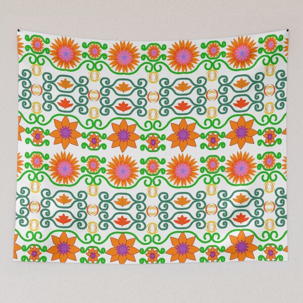 Item preview, Orange Floral Seamless Pattern with Decorative Ornamental Elements and Green Vines designed and sold by Ei-Ei.