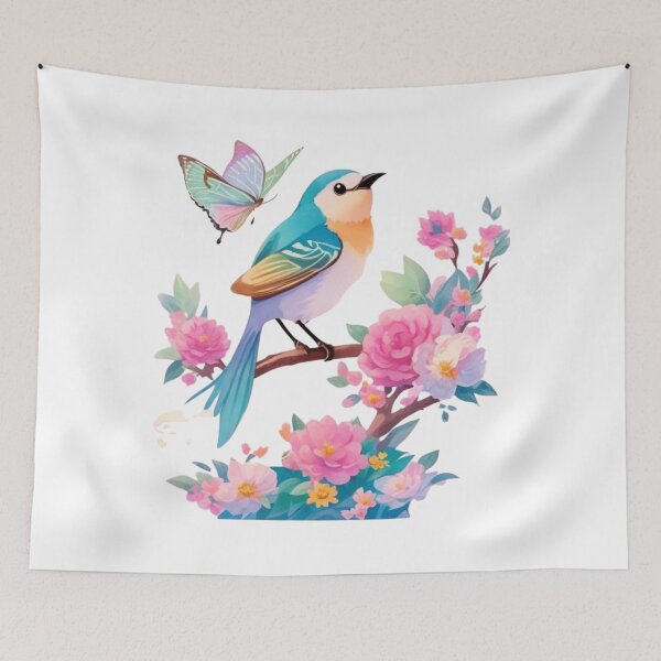 Item preview, "Reserved for spring: Charming pastel bird design with lush blossoms and butterfly – a poetic work of art for spring lovers" designed and sold by CoolContent Factory.