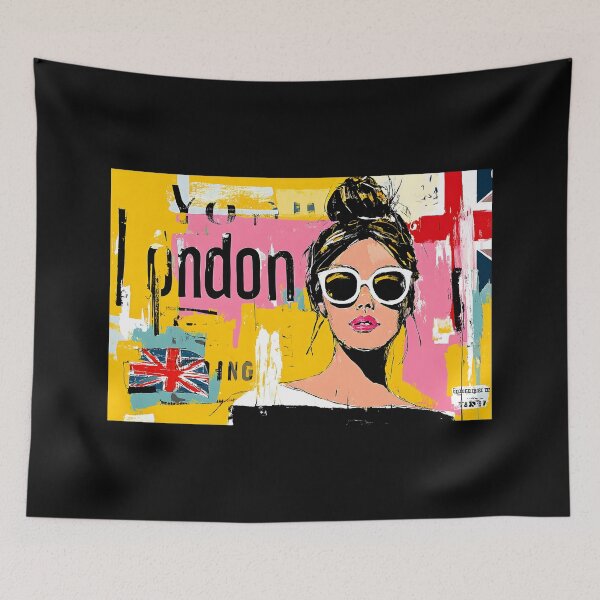 Item preview, Union Jack Street Style - Fashionable Woman in Oversized Sunglasses and Vibrant London Pop Energy designed and sold by OlfactoART Studio.