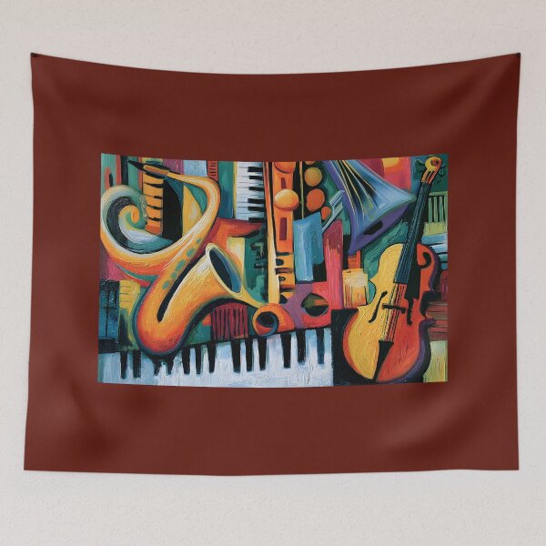 Item preview, Symphony in Vibrant Motion - Saxophones Violin and Gramophone in an Abstract Musical Celebration designed and sold by OlfactoART Studio.