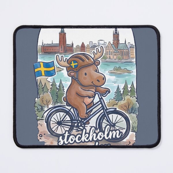 Item preview, Stockholm Sweden Bicycling Cute Moose Cyclist Skyline designed and sold by HowToCanadian.