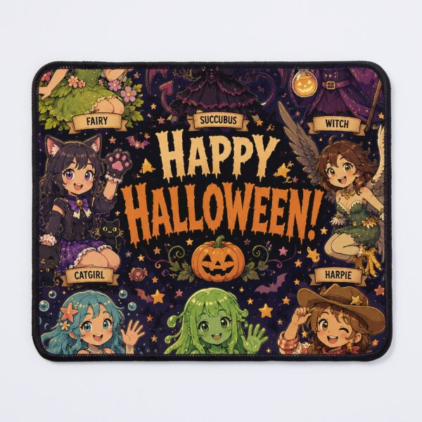Item preview, Cutesy Happy Halloween poster art with monster girls designed and sold by AIfolklore.