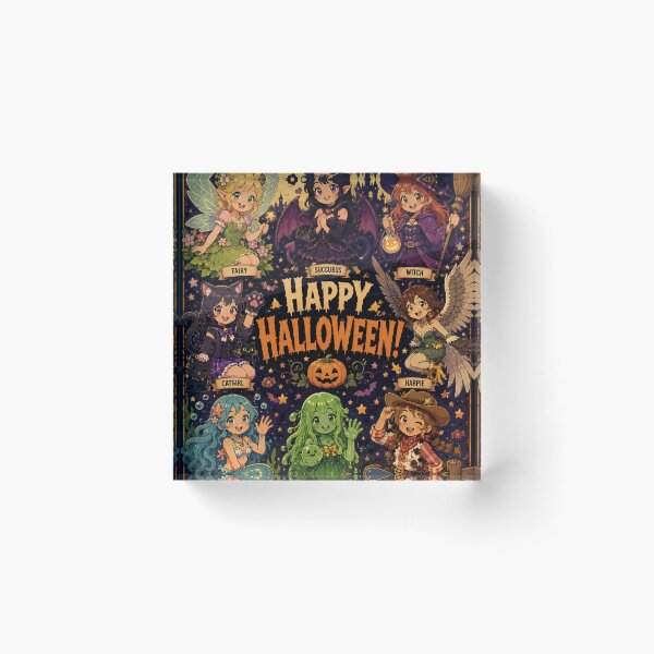 Item preview, Cutesy Happy Halloween poster art with monster girls designed and sold by AIfolklore.