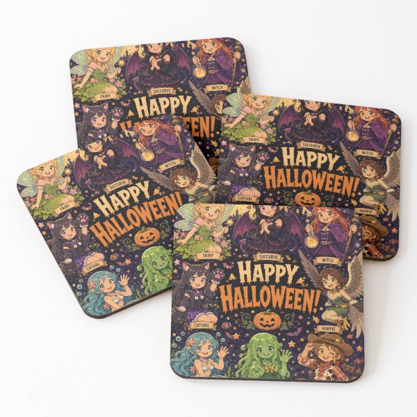 Item preview, Cutesy Happy Halloween poster art with monster girls designed and sold by AIfolklore.