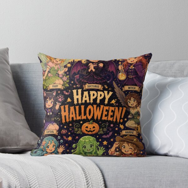 Item preview, Cutesy Happy Halloween poster art with monster girls designed and sold by AIfolklore.