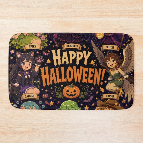 Item preview, Cutesy Happy Halloween poster art with monster girls designed and sold by AIfolklore.