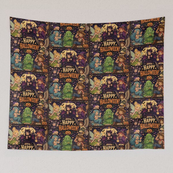 Item preview, Cutesy Happy Halloween poster art with monster girls designed and sold by AIfolklore.