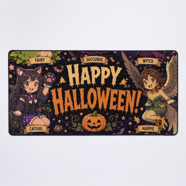 Item preview, Cutesy Happy Halloween poster art with monster girls designed and sold by AIfolklore.