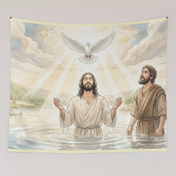 Item preview, Baptism of Jesus Christ Biblical Watercolor Art designed and sold by RRRShop.