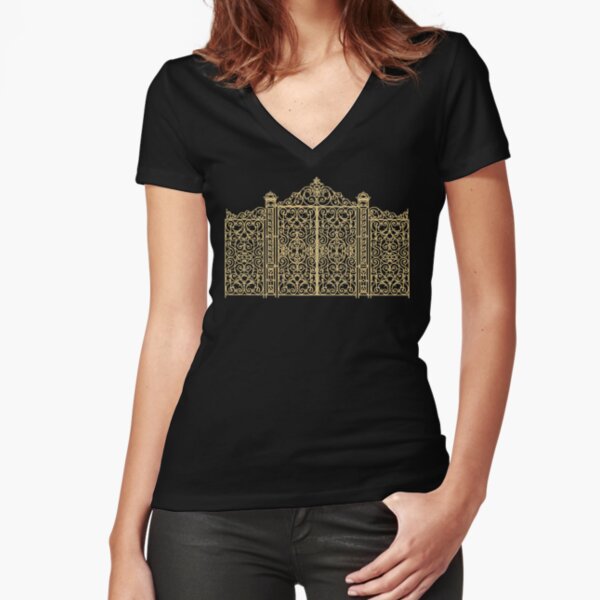 French Wrought Iron Gate | Louis XV Style | Black and Gold | Fitted V-Neck T-Shirt