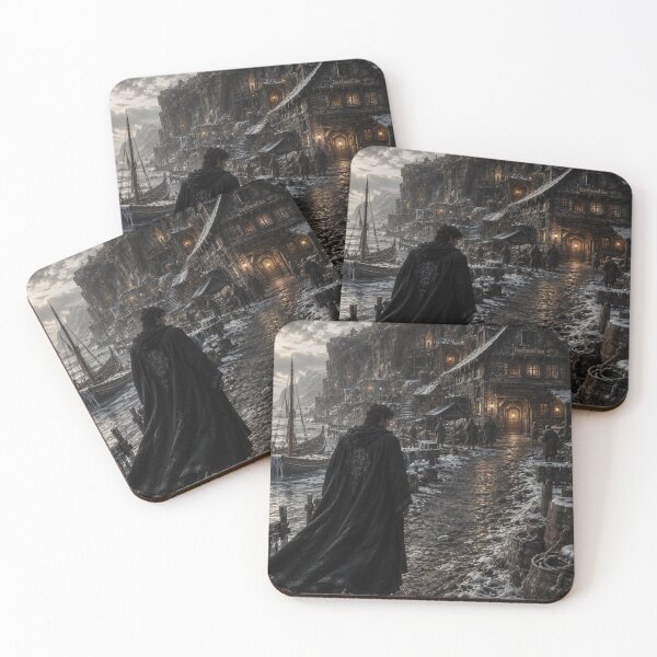 Item preview, Winter Fantasy Harbour Art Print | Dark Medieval Village and Lonely Mage Wall Art designed and sold by Element Horizon Studio.