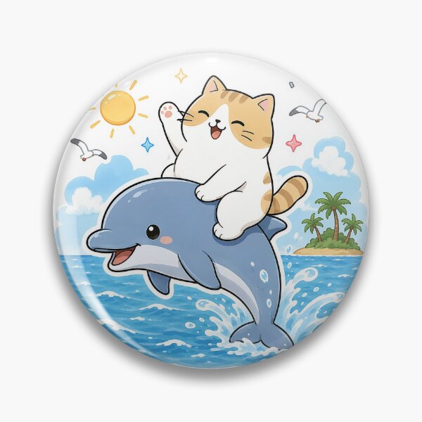 Item preview, Cute Orange Cat Riding Dolphin Kawaii Ocean Summer Ginger Kitty Illustration designed and sold by NoopnyangStudio.