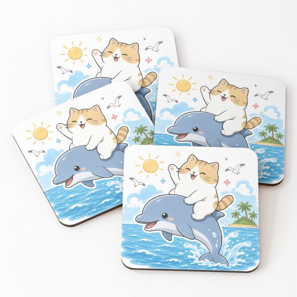 Item preview, Cute Orange Cat Riding Dolphin Kawaii Ocean Summer Ginger Kitty Illustration designed and sold by NoopnyangStudio.